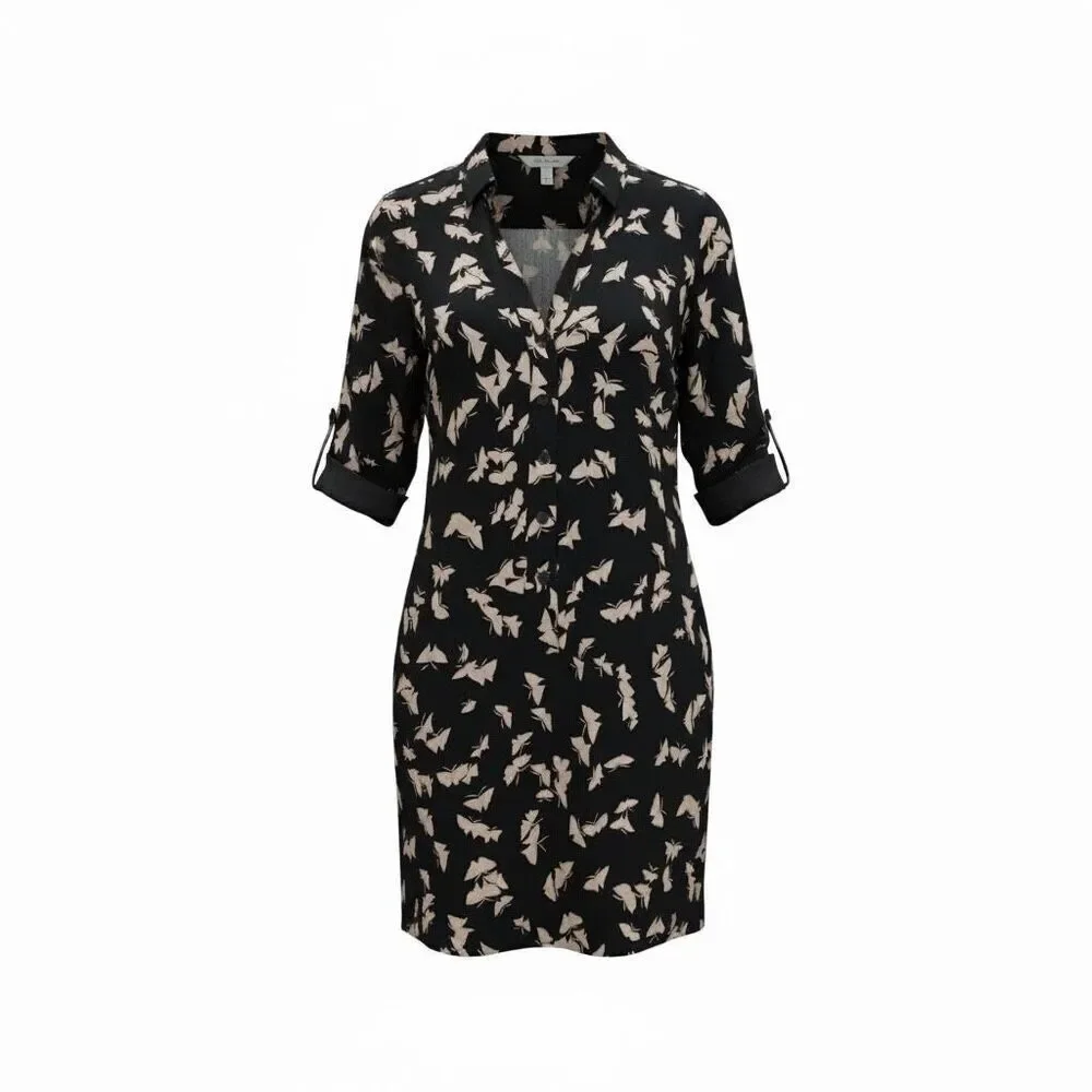 Tucker Butterfly Button Front Silk Blend 3/4 Sleeve Tunic Shirt Dress Navy Small